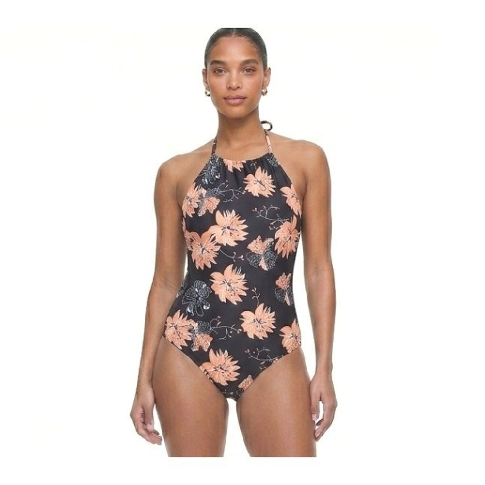 Unbranded One Piece Swimsuit Women Medium Black Peach Floral High Neck Halter